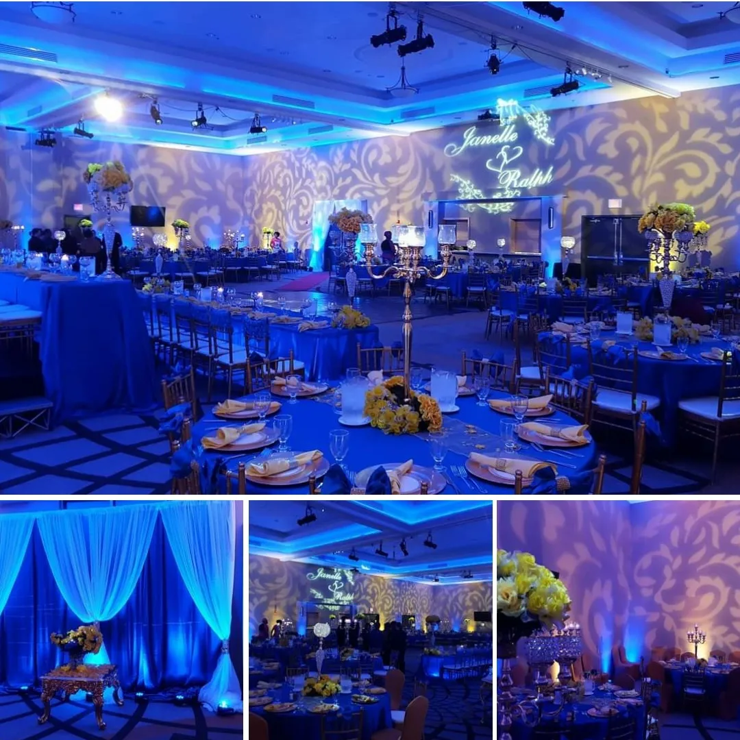 Wedding lighting at the Fargo Double Tree with fancy gobo patterns and a wedding monogram.