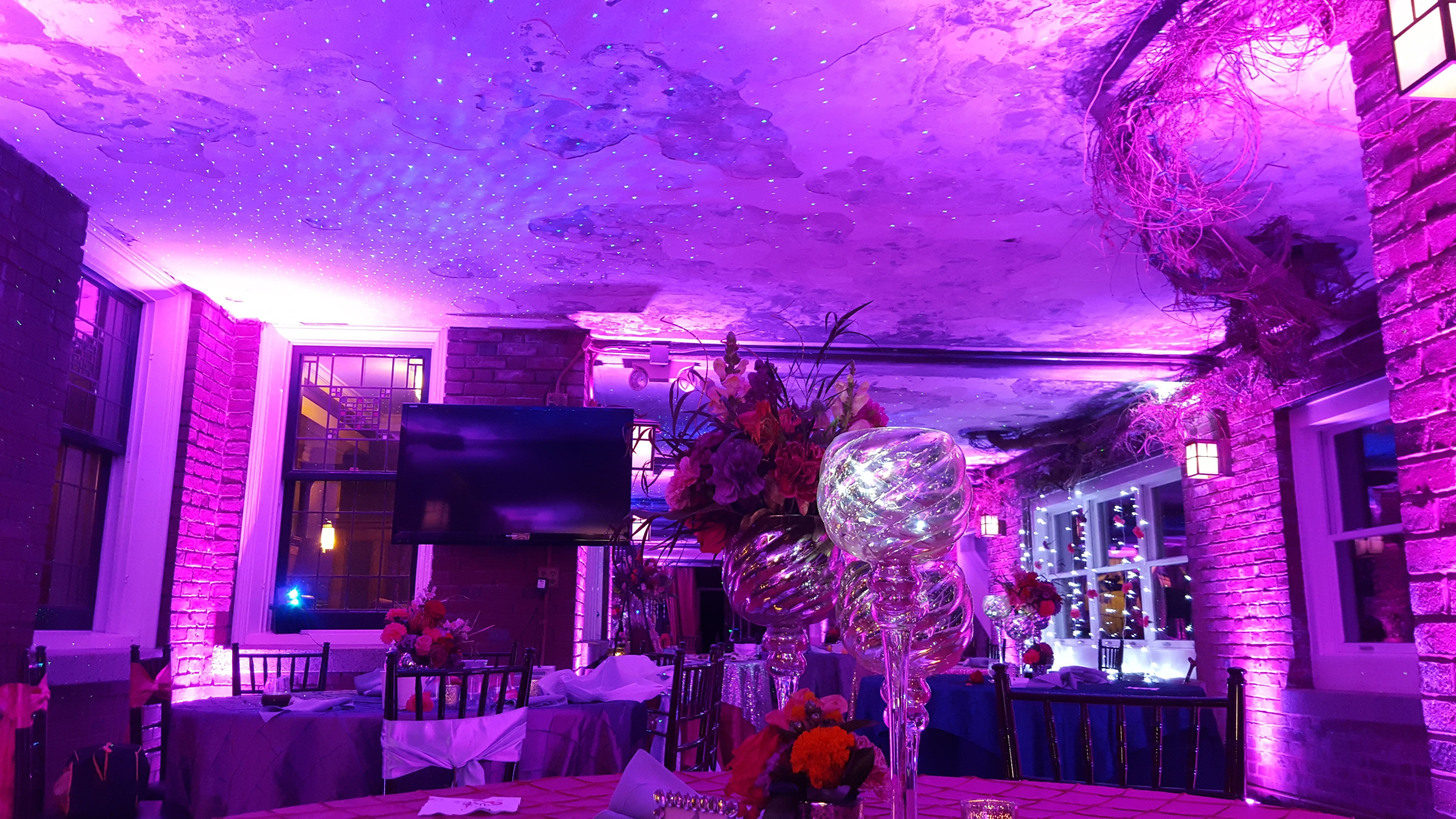Wedding lightingat Glensheen's Winter Garden. Up lighting in magenta pink with stars on the ceiling.