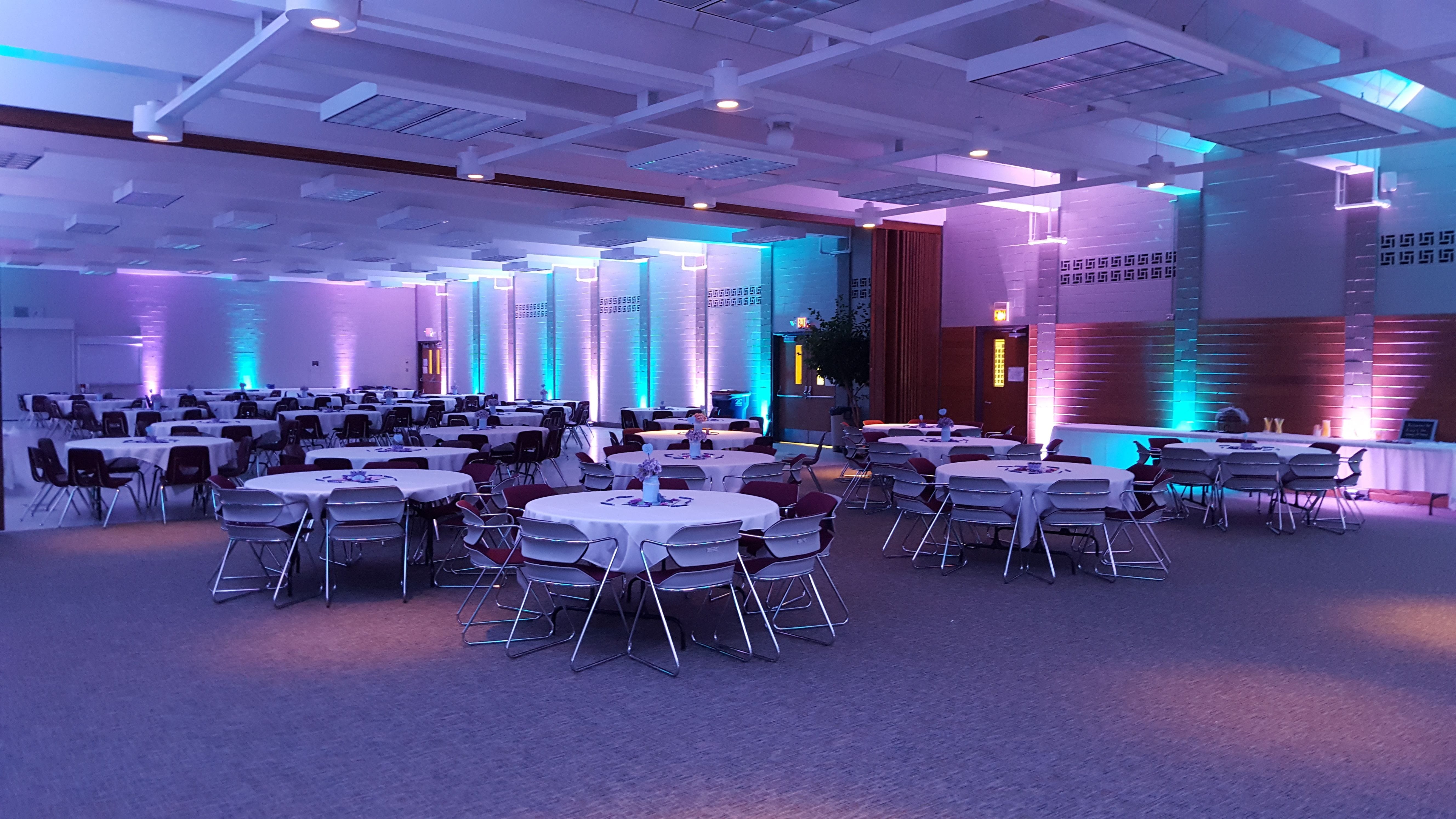 Marshall school cafeteria.
Wedding lighting in teal and lavender.