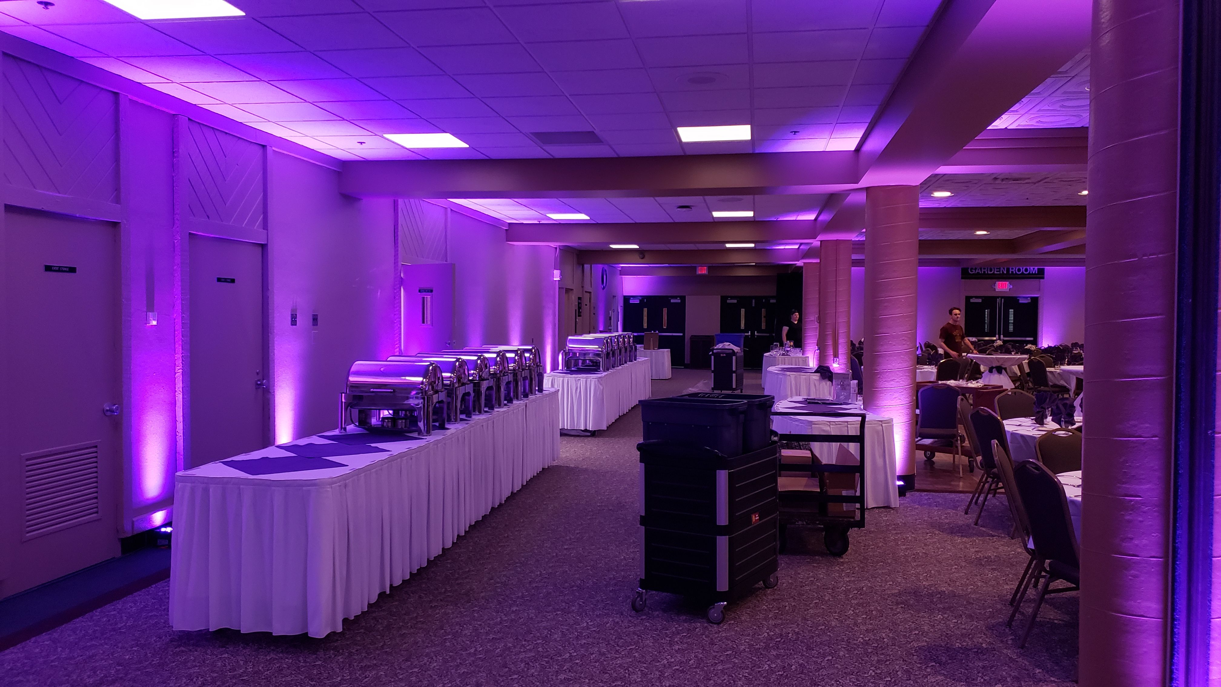 Up lighting in purple for a wedding in Kirby Ballroom.