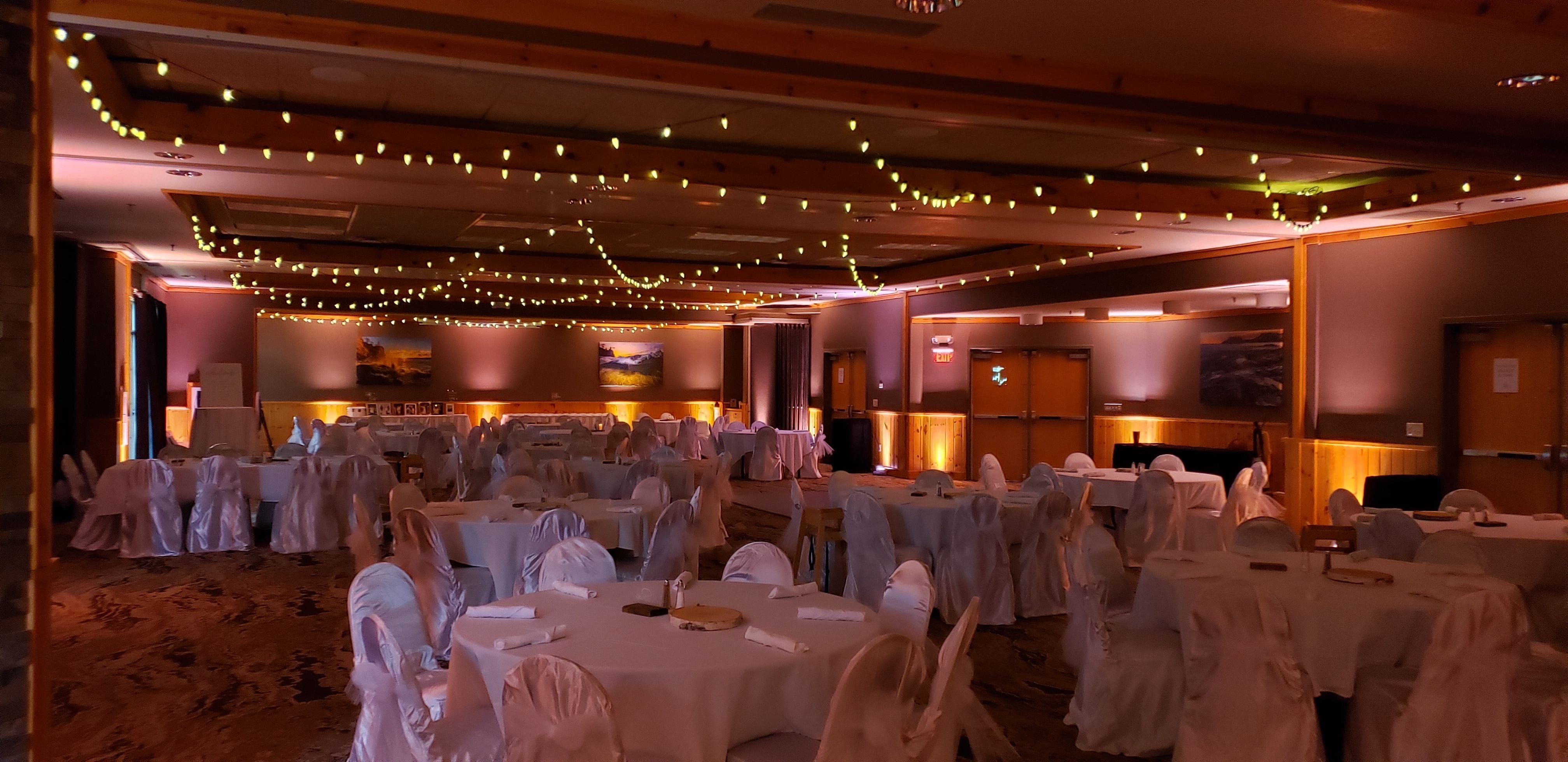 Superior Shores Resort wedding. Up lighting in peach and bistro by Duluth Event Lighting.
