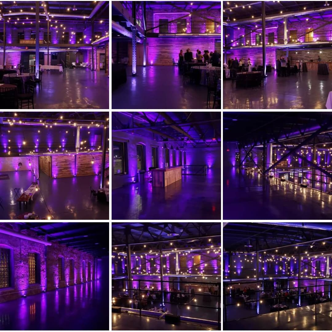 Purple up lighting for a wedding at the Clyde Malting Building by Duluth Event Lighting.