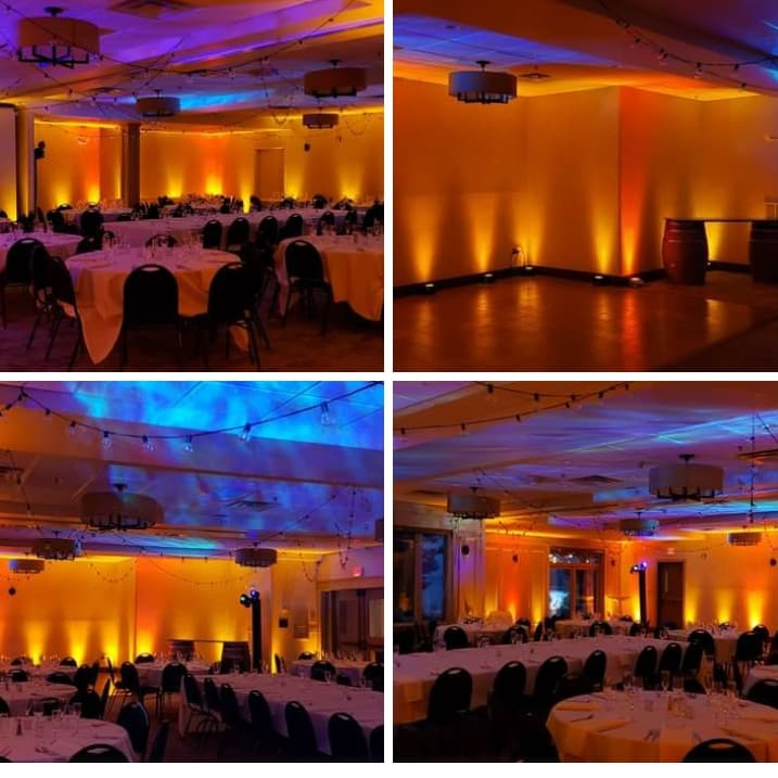 Grand Superior Lodge wedding lighting in amber andsunset orange with northern lighting on the ceiling by Duluth Event Lighting.