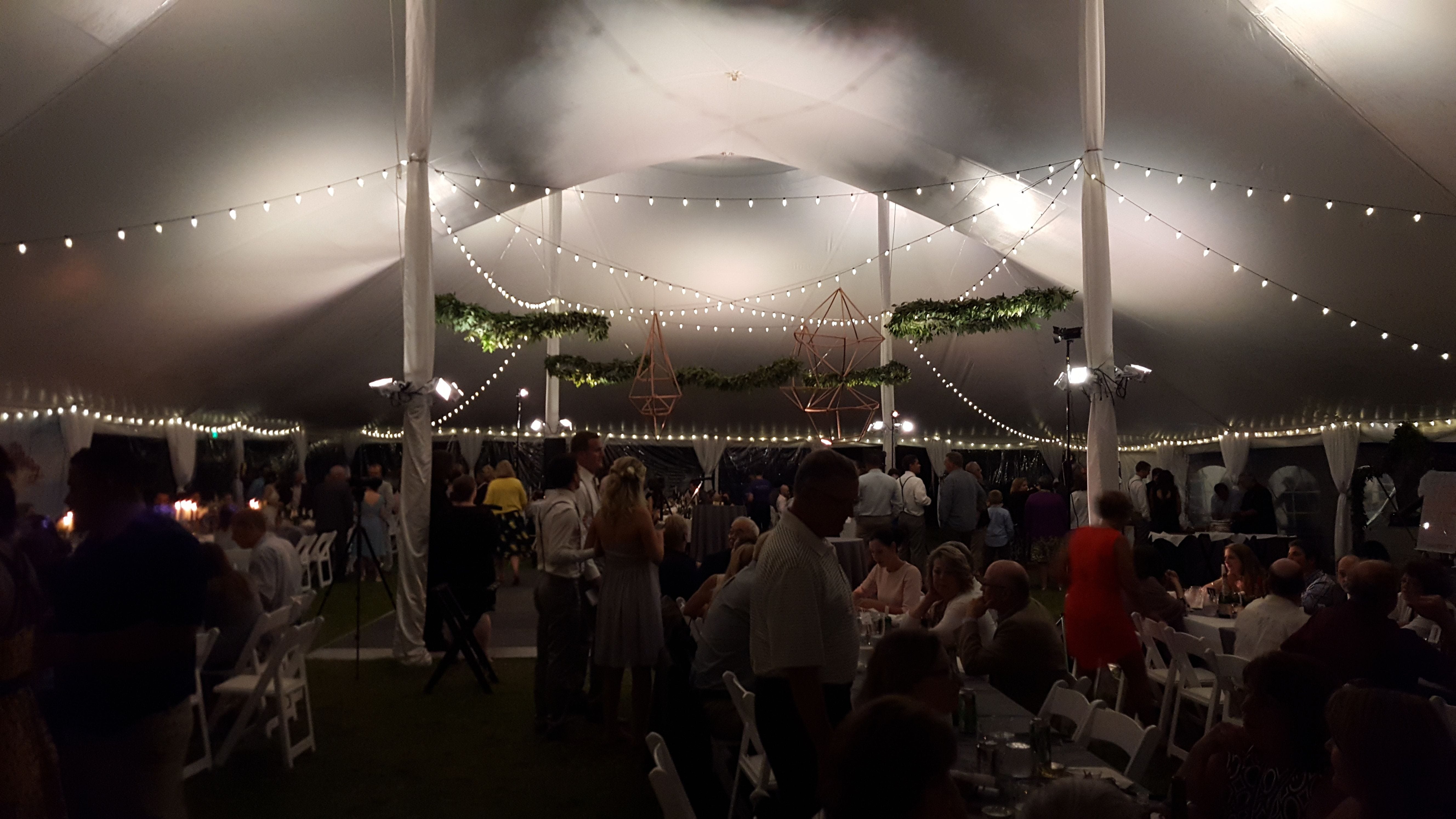 Tent wedding lighting. Up lighting in a soft white with bistro.
