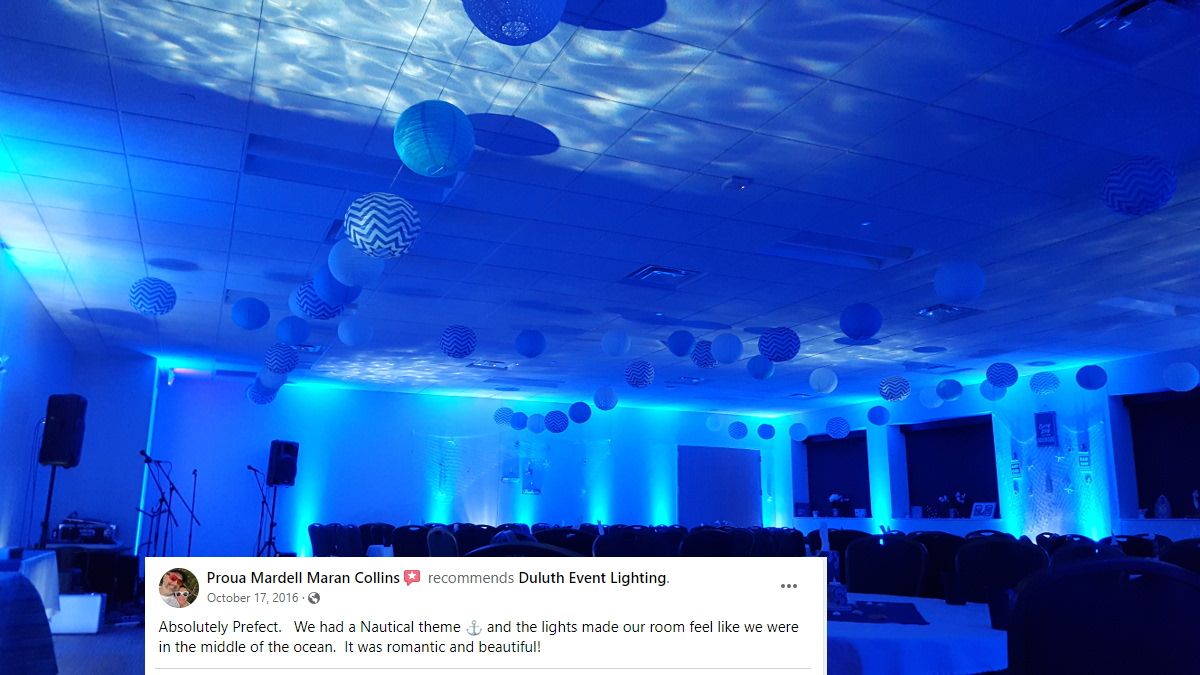 Up lighting in blue with water lights on the ceiling.