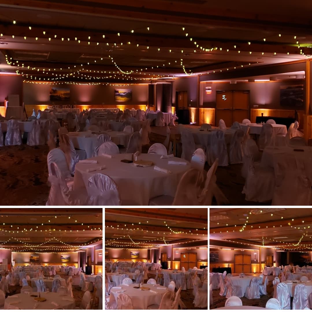 Superior Shores Resort wedding lighting in peach pink up lighting and bistro on the ceiling by Duluth Event Lighting.