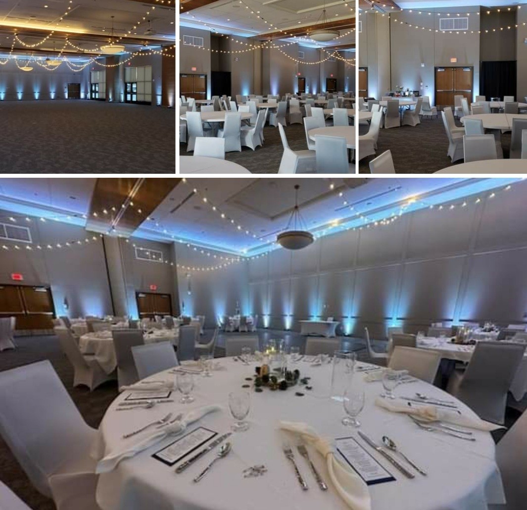 Wedding lighting with ice blue up lighting and bistro by Duluth Event Lighting at the Iron Trail Motors Event Center