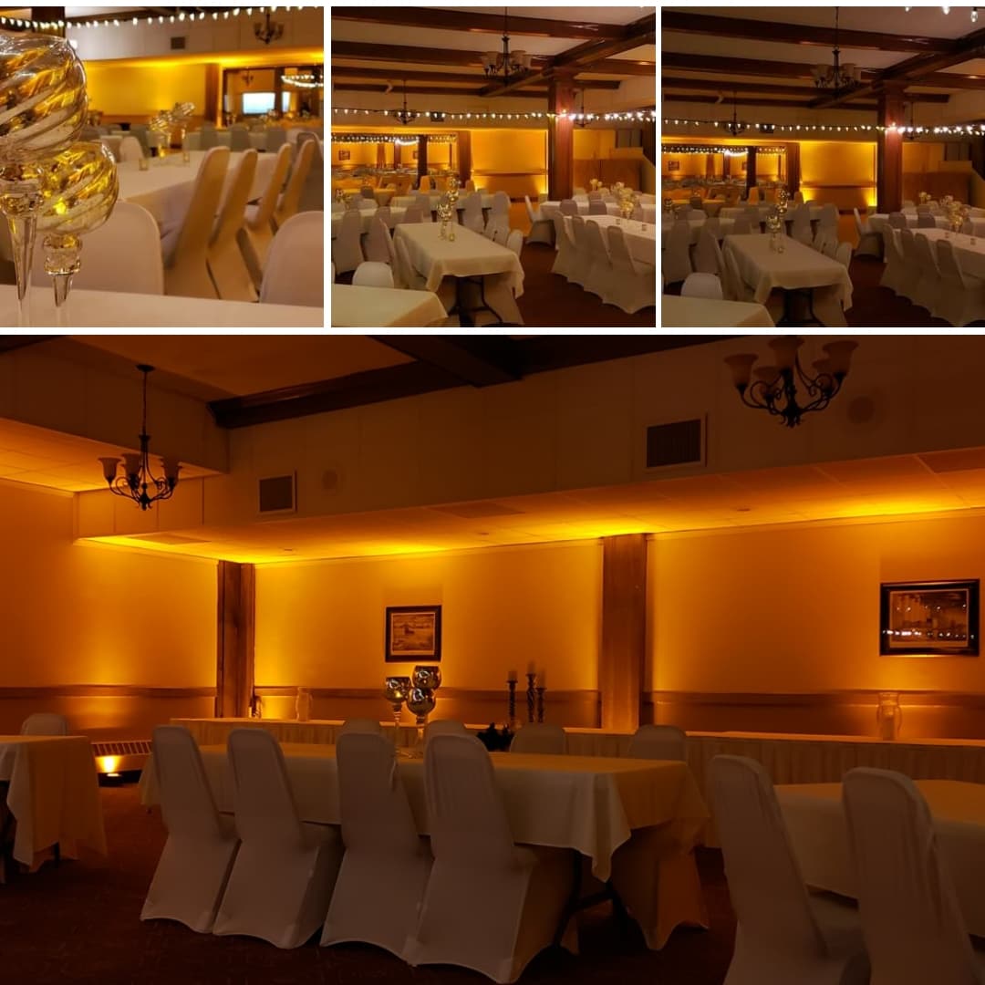 Superior Elks Club wedding lighting in amber up lighting by Duluth Event Lighting.