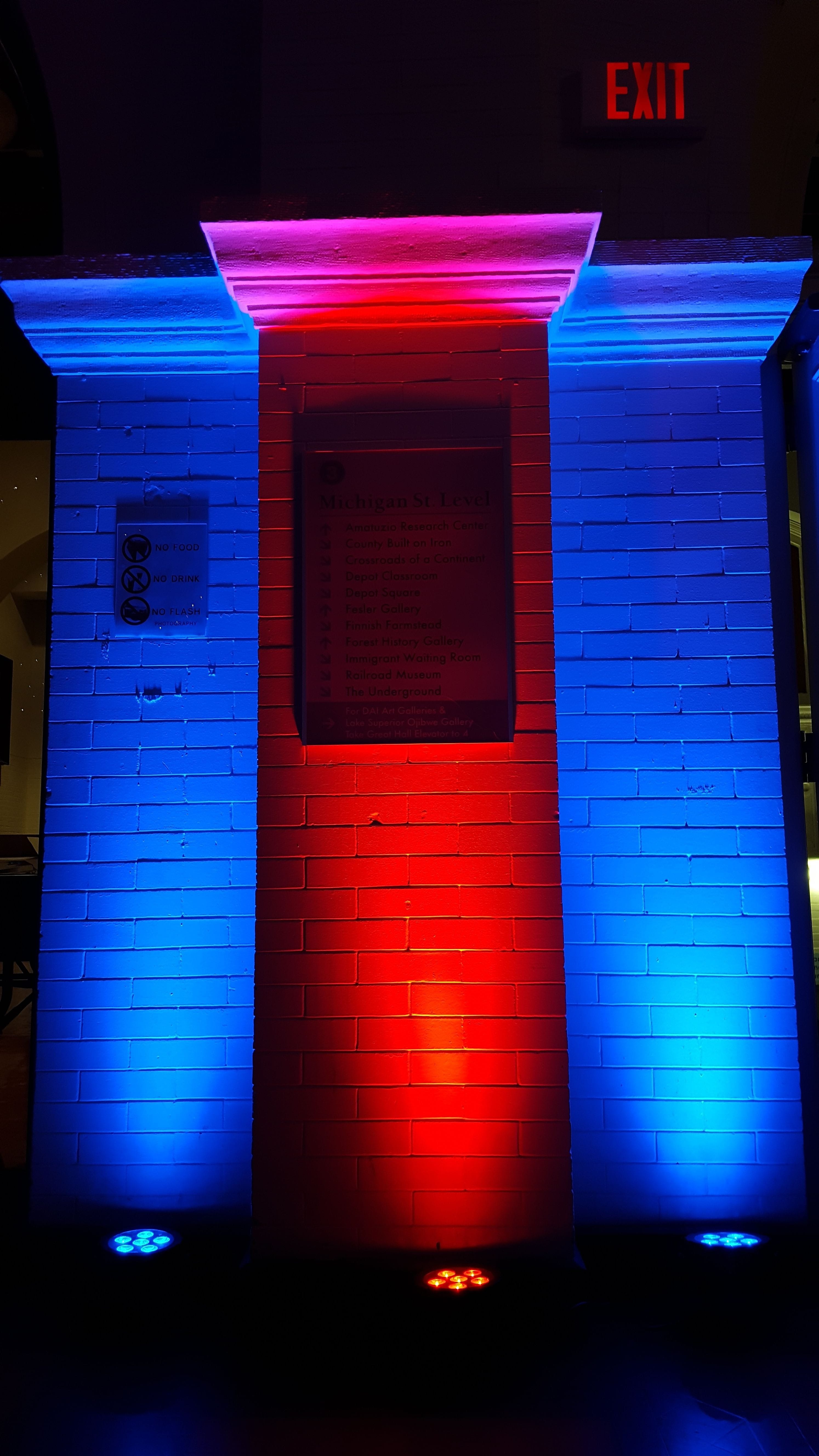 Wedding lighting at the Depot. Up lighting in blue and red.