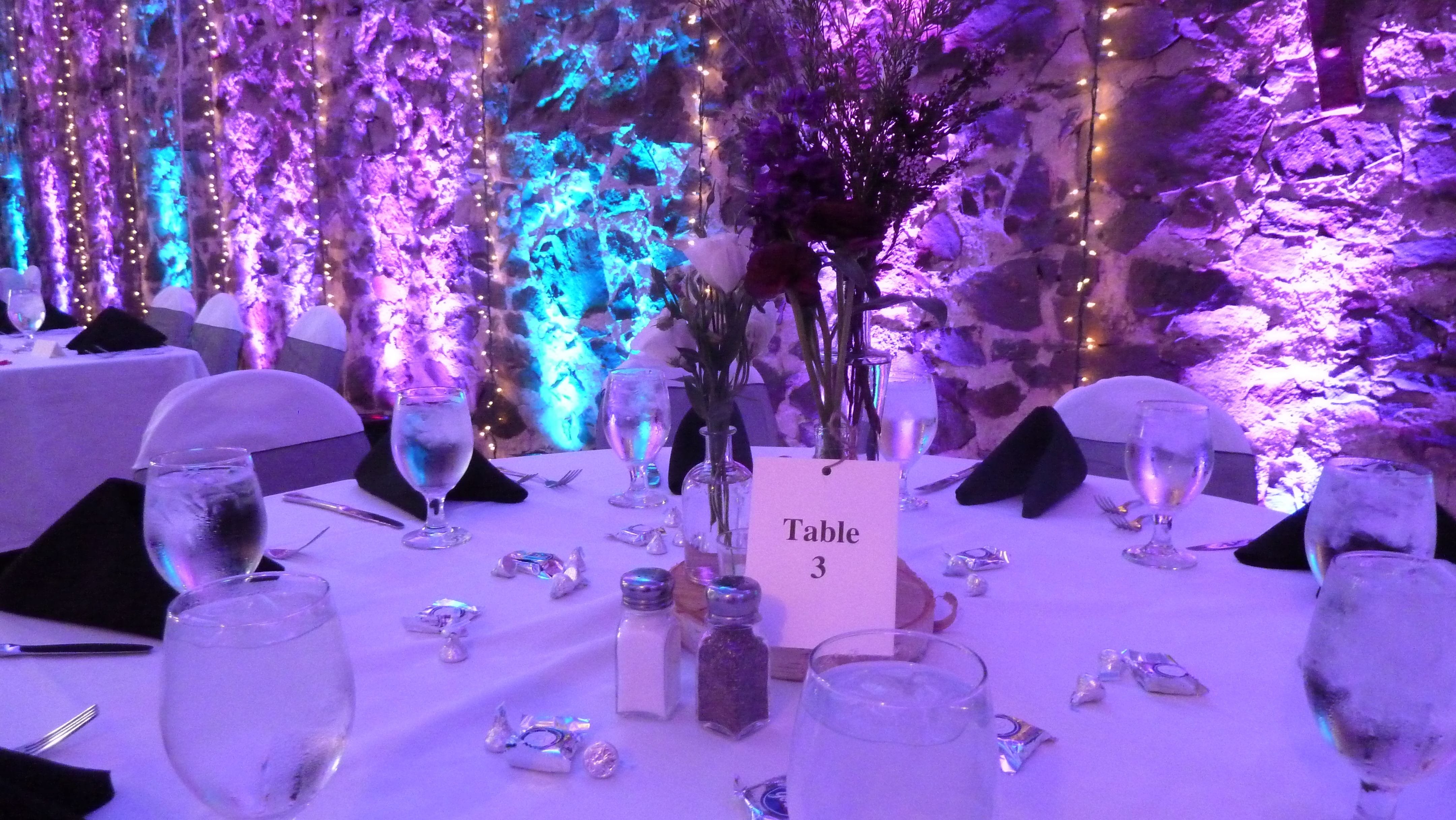Wedding lighting in the August Fitger's room. Up lighting in purple and blue.