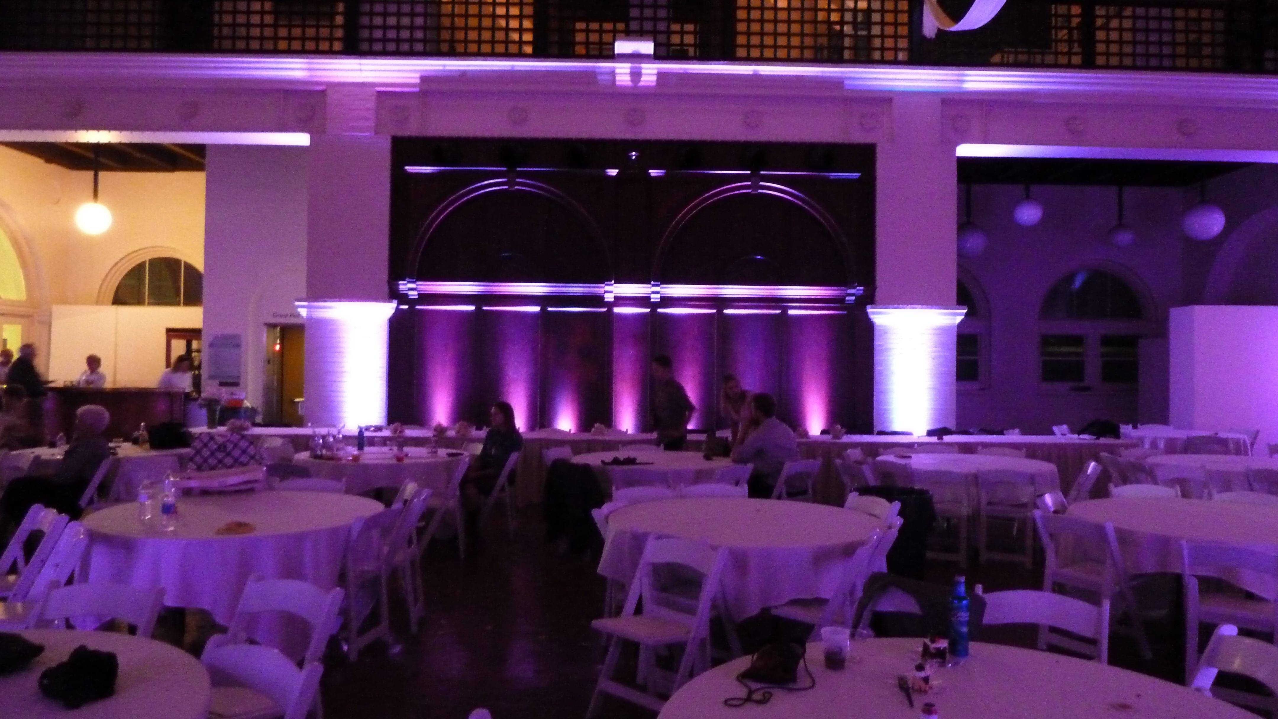 Two tone lavender wedding lighting at the Depot Great Hall.