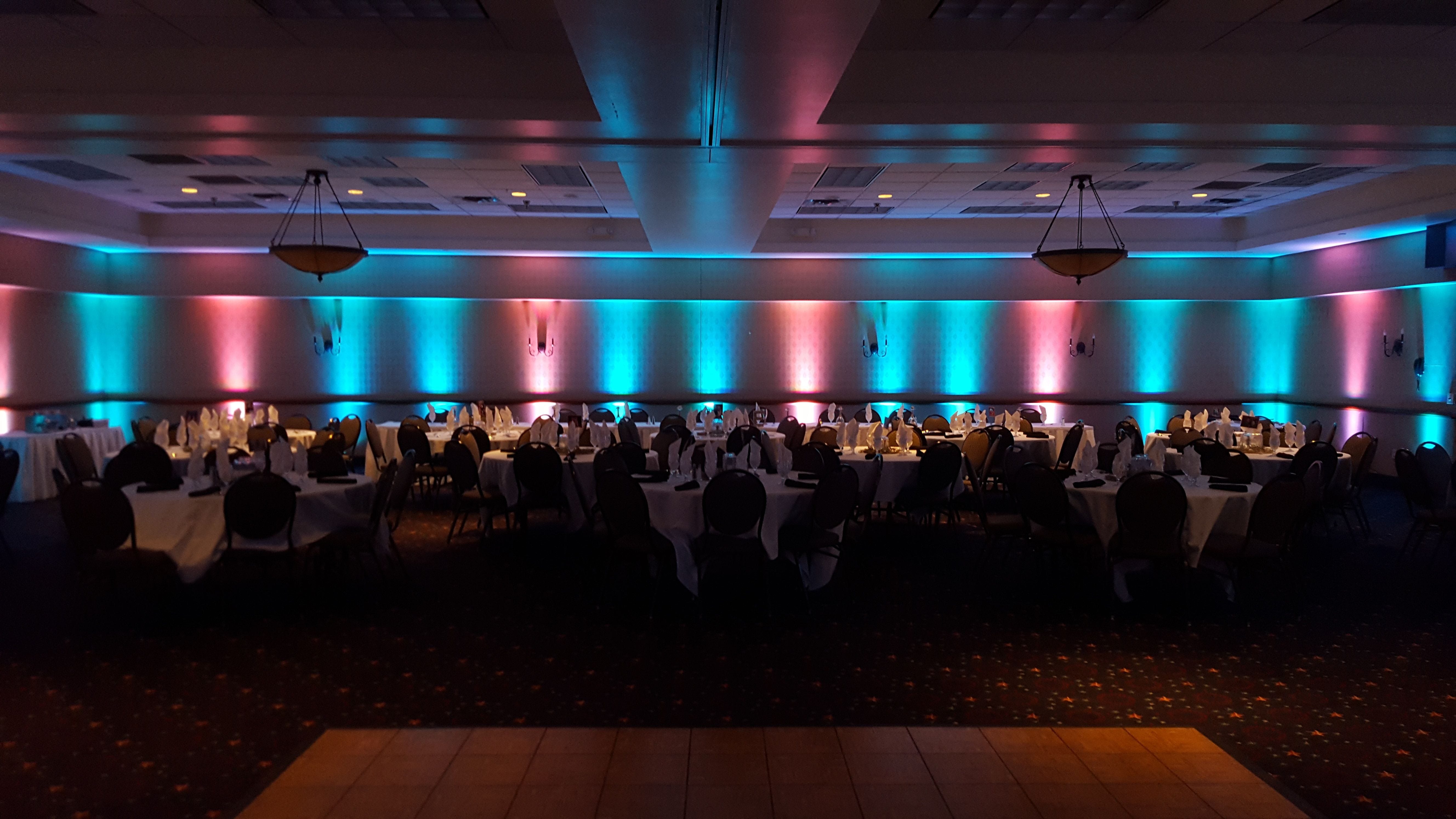 Inn on Lake Superior.
Wedding lighting in teal and coral.