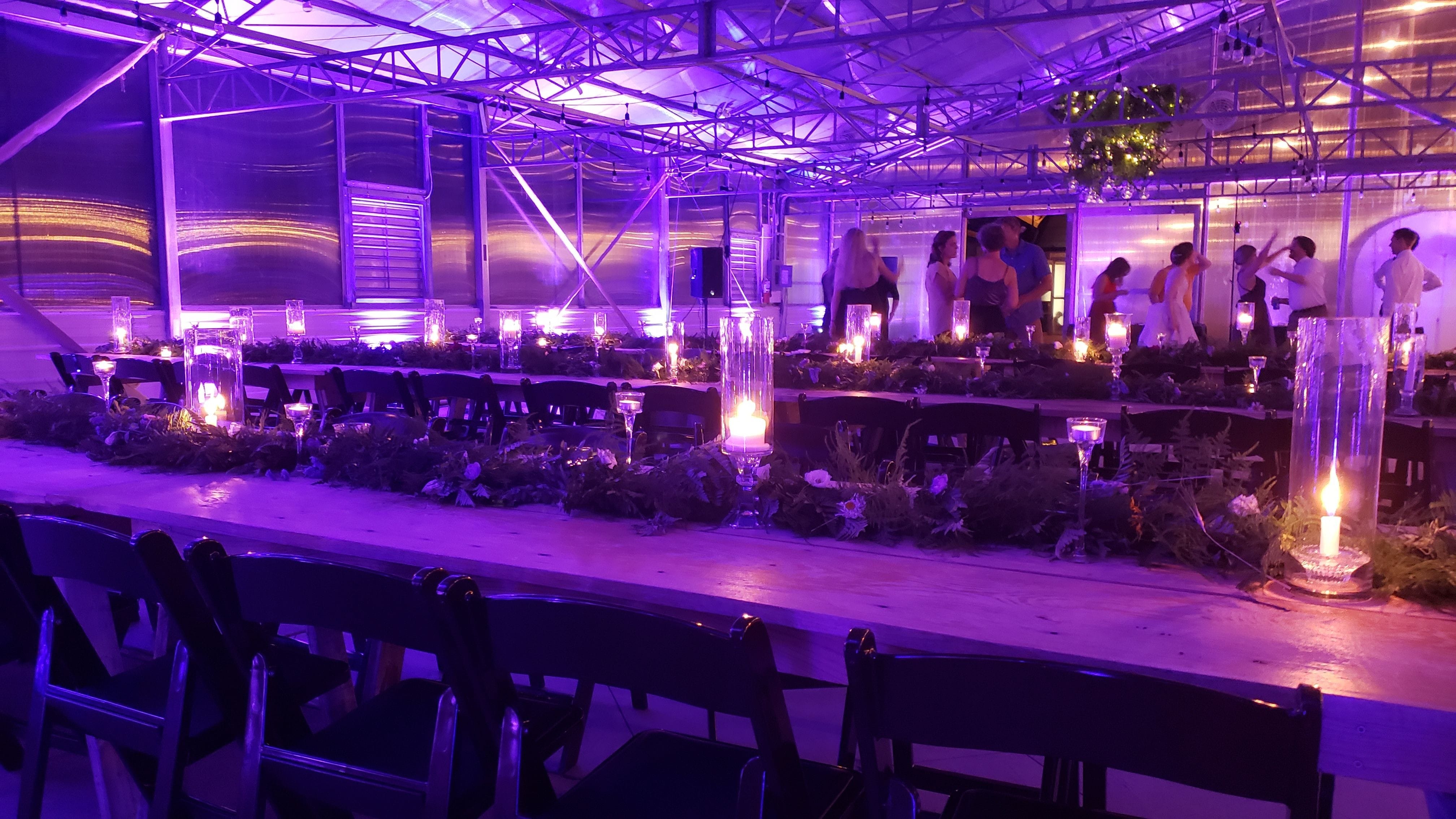 Wedding lighting by Duluth Event Lighting at the Atrium. Up lighting in purple.