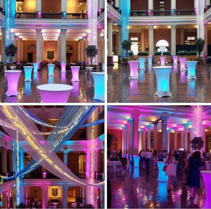 Event lighting in magenta and teal by Duluth Event Lighting at the Landmark Center in St. Paul.