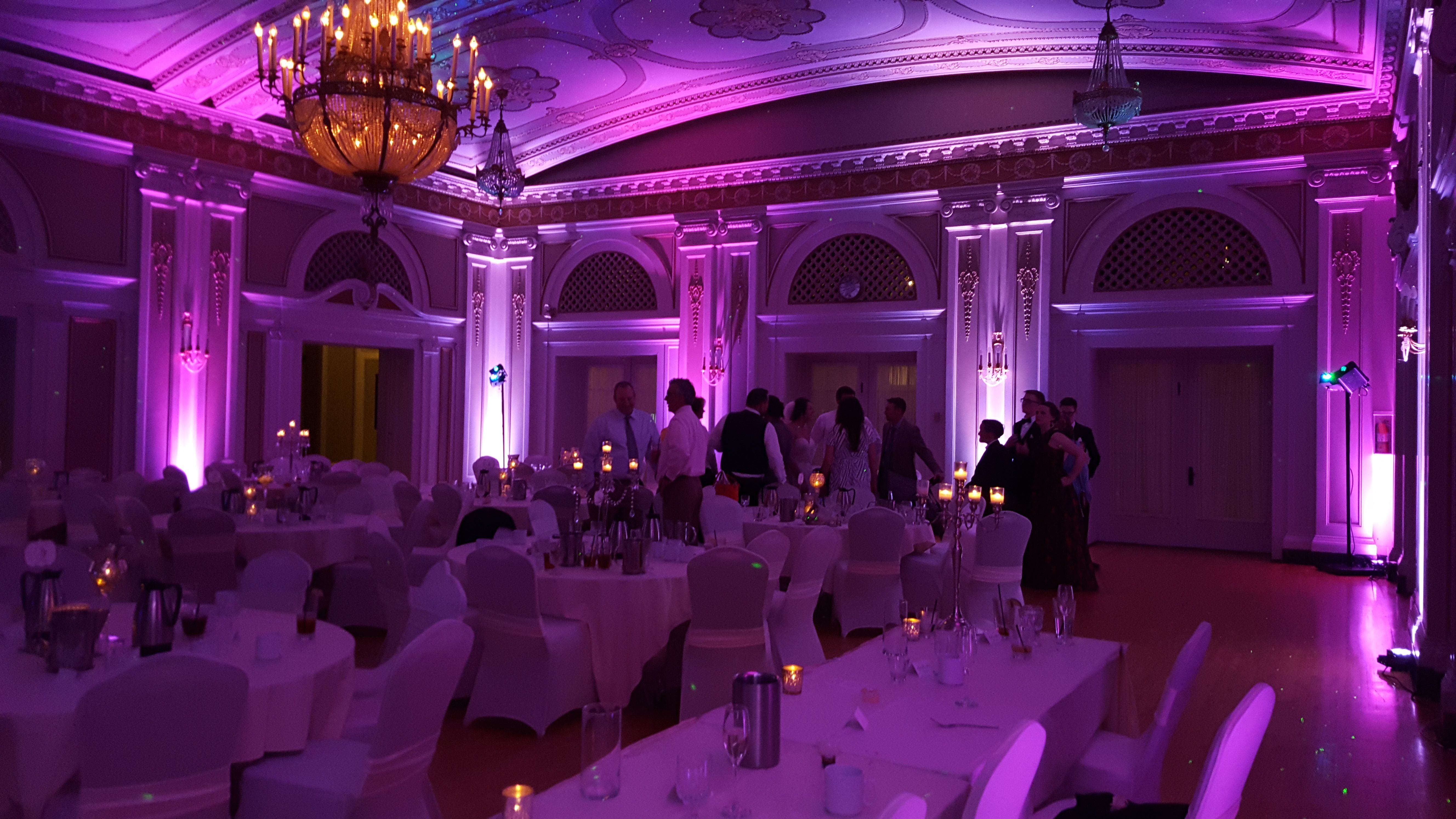Wedding lighting at Greysolon Ballroom. Up lighting in two tone pink.