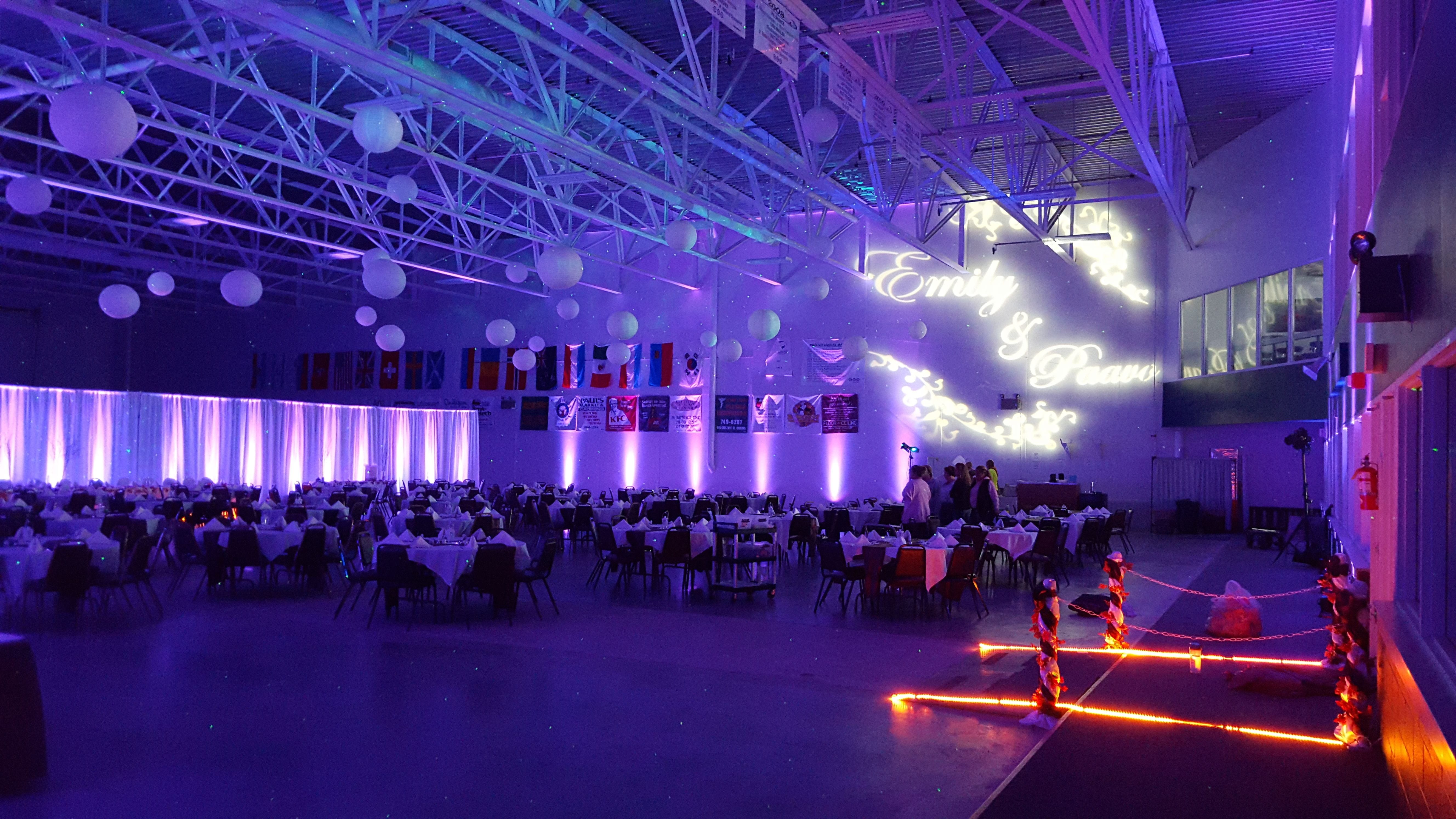 Wedding lighting at the Eveleth Curling Club.
