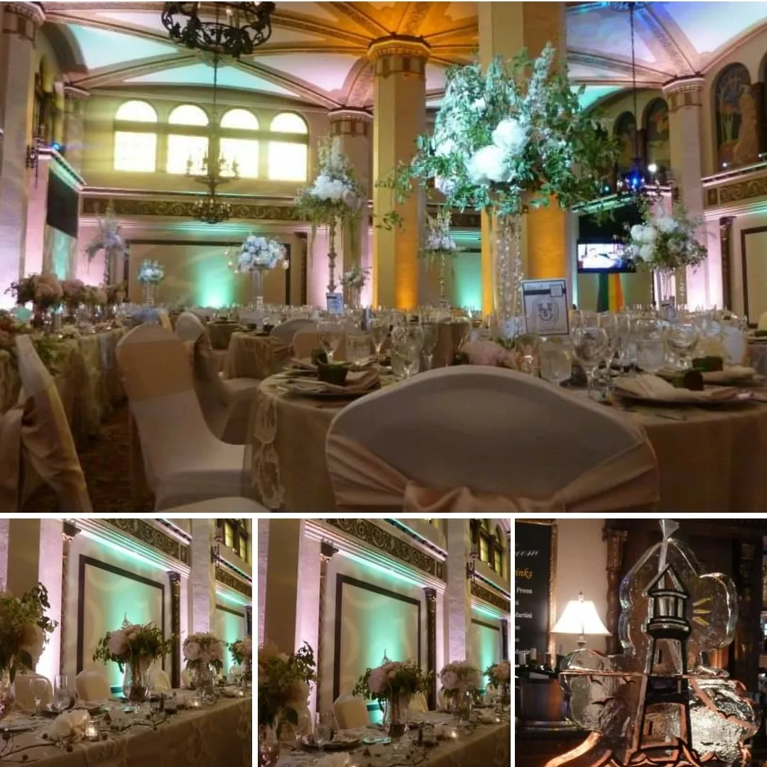 Wedding lighting in the Moorish Room with peach and mint green up lighting.