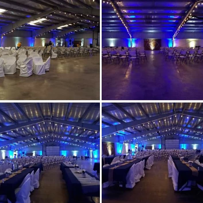 Lake County Fairgrounds wedding lighting with blue up lighting and bistro by Duluth Event Lighting.