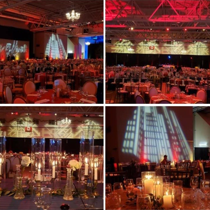 Pioneer Hall at the DECC, up lighting and gobos provided by Duluth Event Lighting