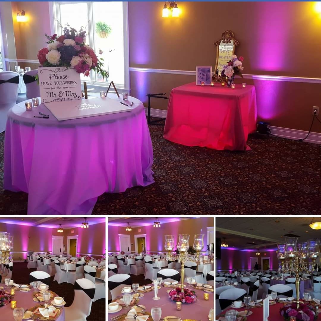 Two tone lavender up lighting for a wedding at the Northland Country Club.