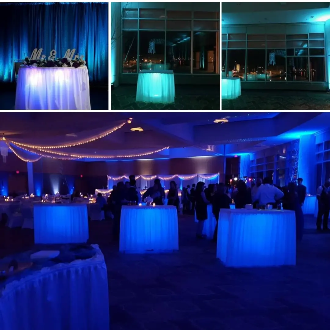 Harbor Side Ballroom at the DECC with wedding lighting by Duluth Event Lighting, glowing cocktail tables.