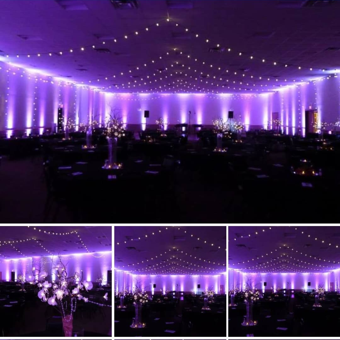 purple up lighting for a wedding with bistro on the ceiling at the AAD Shrine.