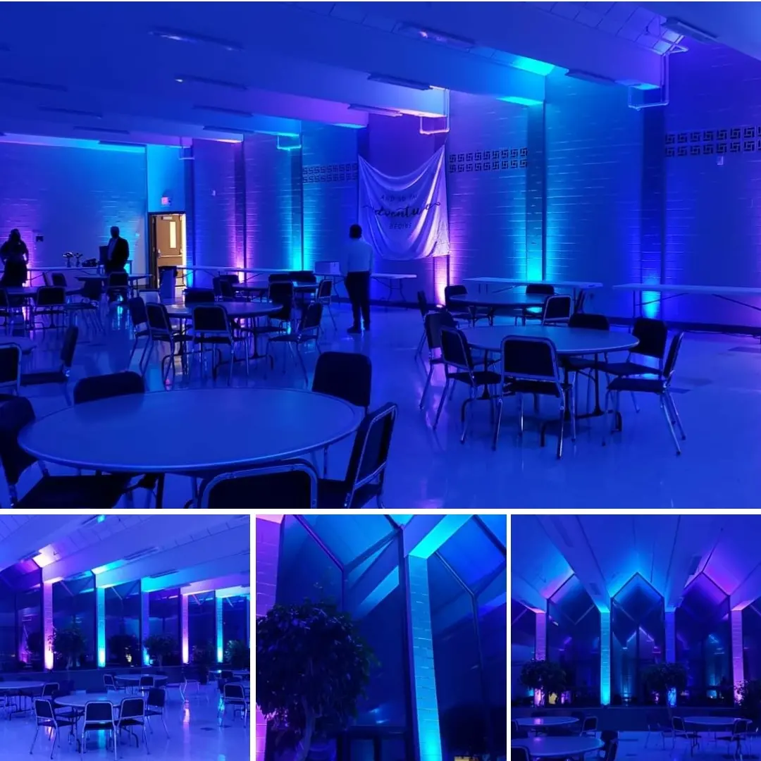 Marshall School wedding lighting in blue and purple up lighting by Duluth Event Lighting.