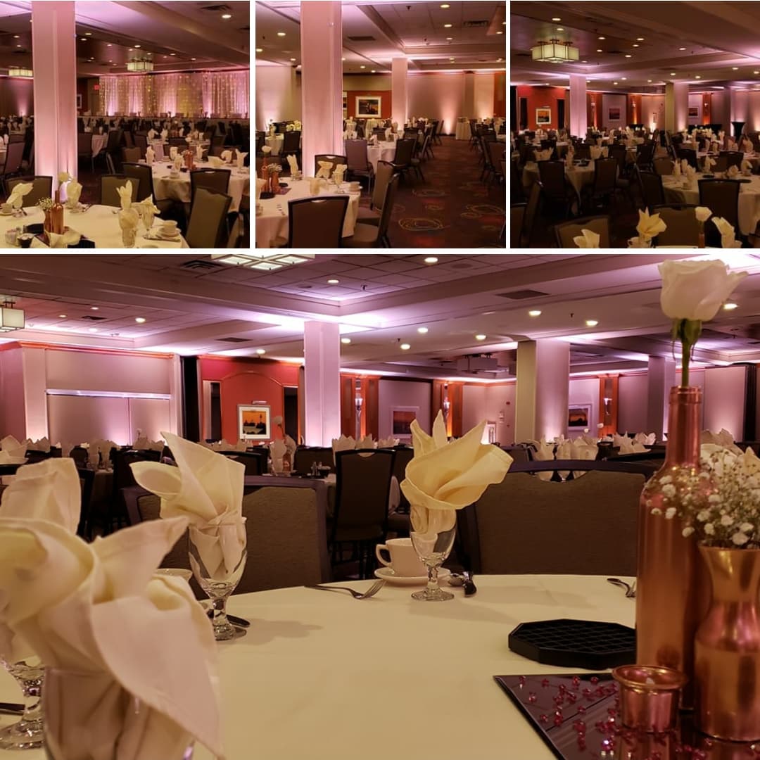 Duluth Holiday Inn wedding lighting in the Great Lakes Ballroom with rose gold up lighting by Duluth Event Lighting.