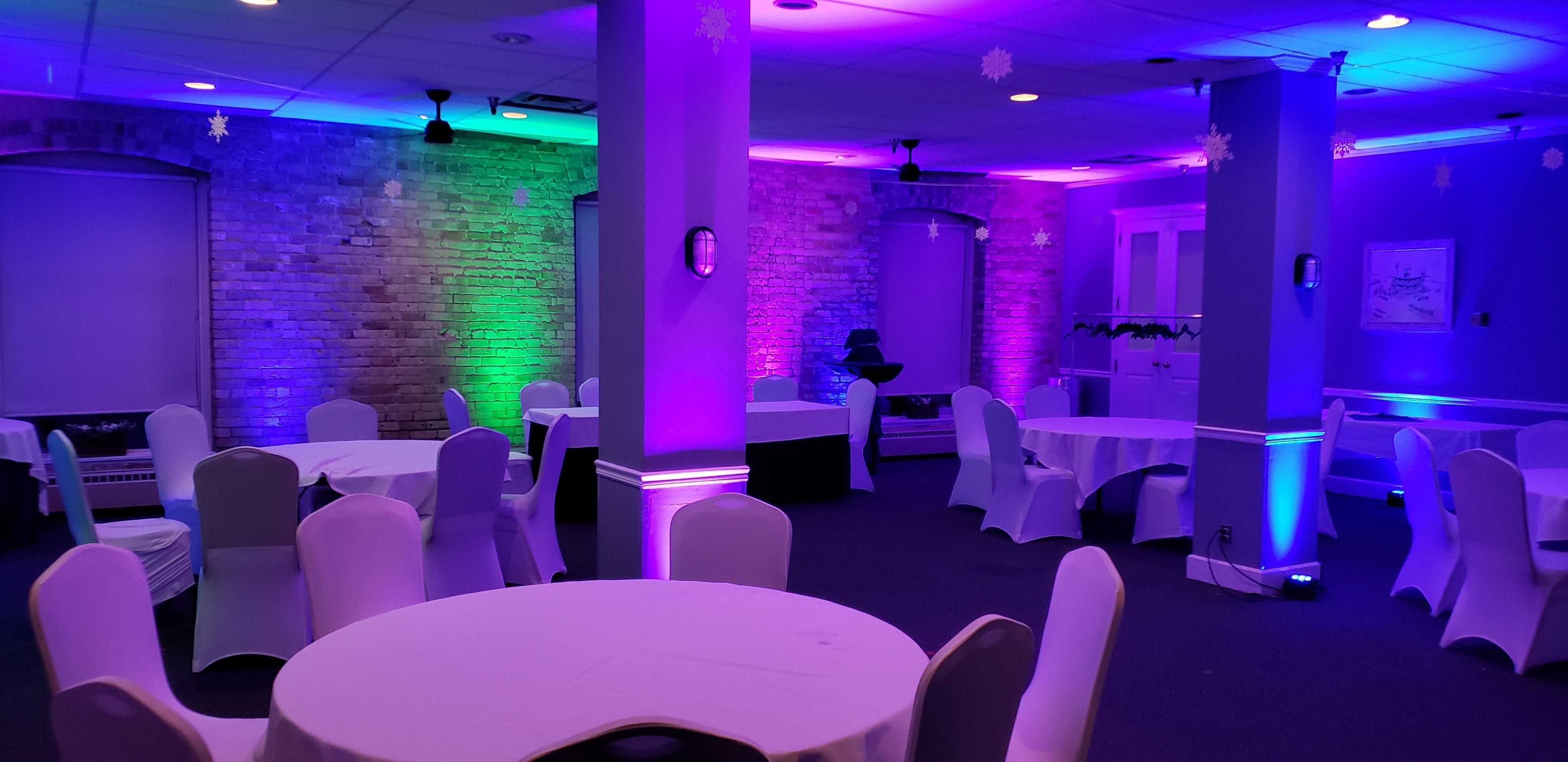 Wedding lighting at the Boat Club in blue, teal and purple.