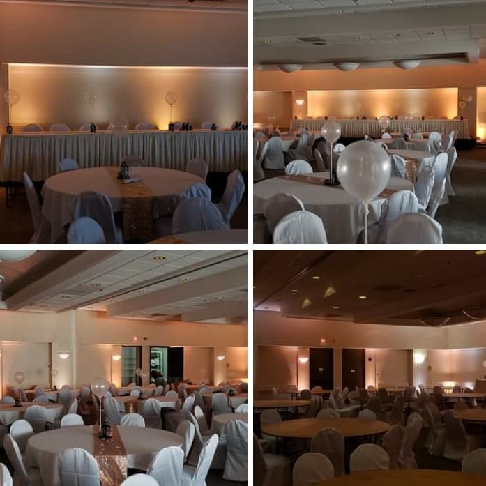 Duluth Radisson wedding lighting in rose gold and soft whtie up lighting by Duluth Event Lighting.