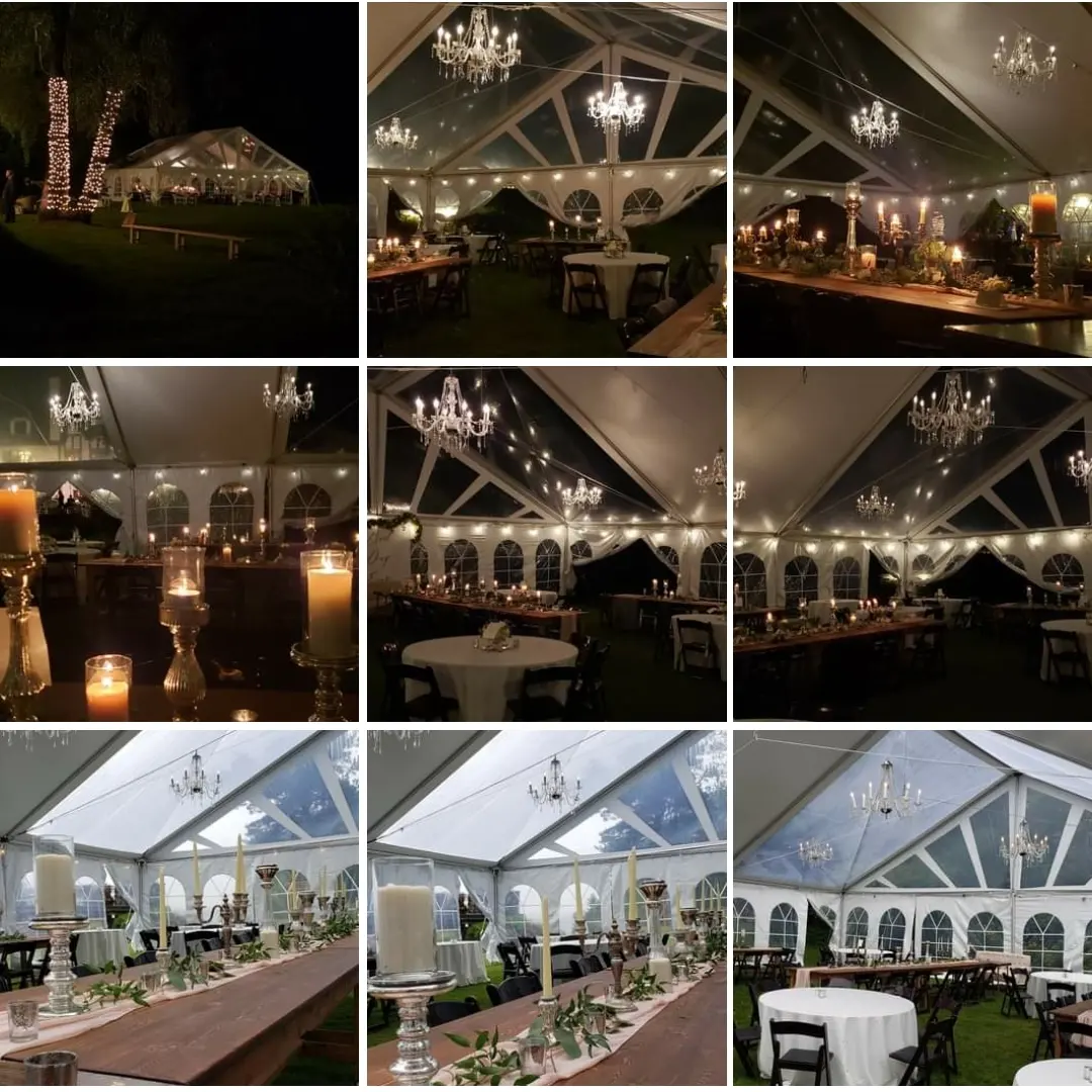 Tent wedding lighting by Duluth Event Lighting with bistro and chandeliers.