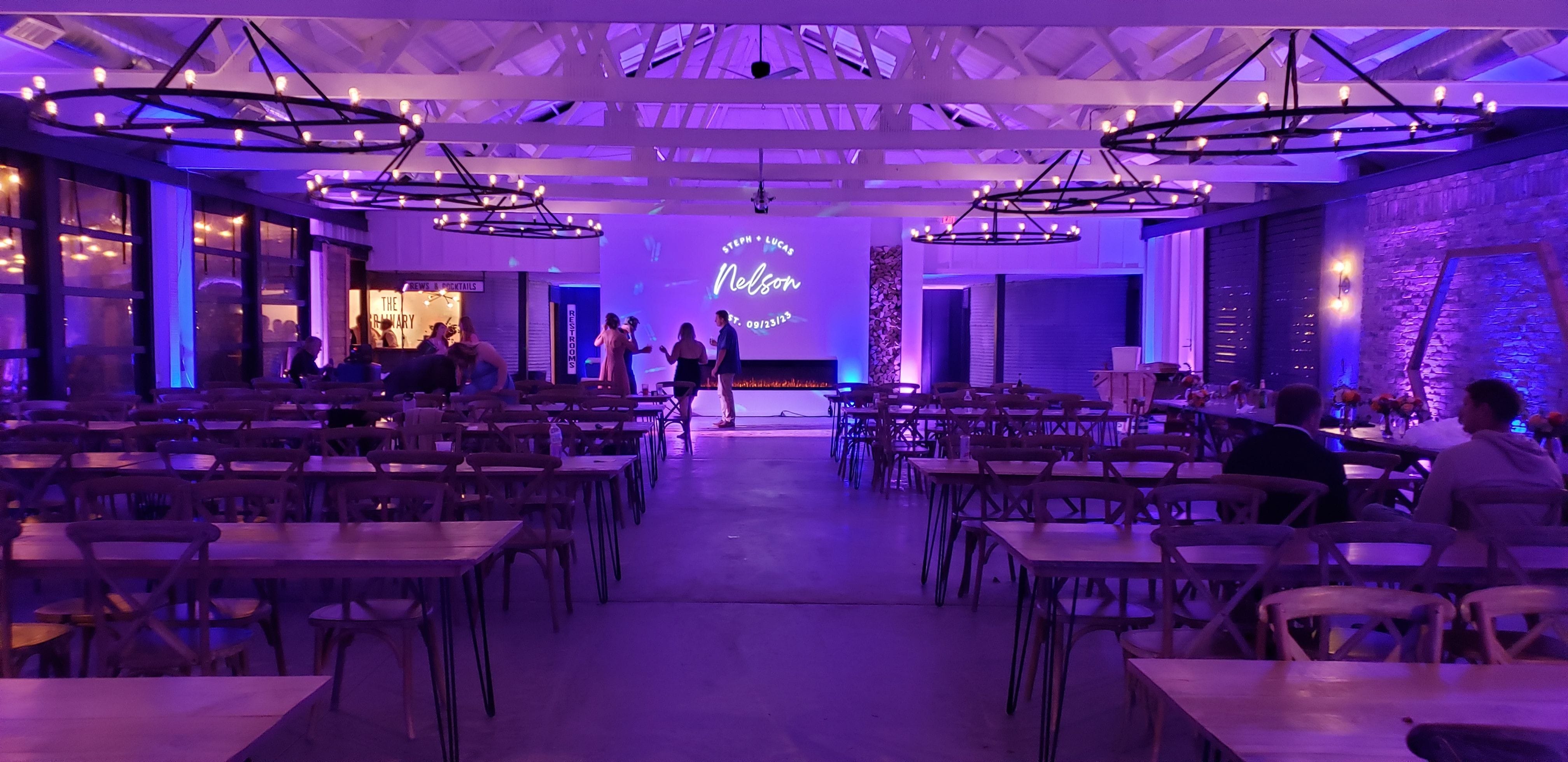 Wedding lighting in blue and purple at the Grainary