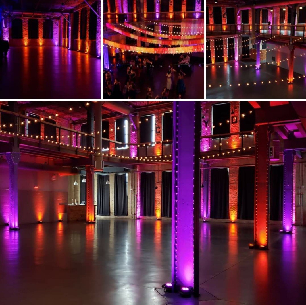 Clyde Iron Works up lighting in Hot Pink and Sunset orange for school prom. Lighting by Duluth Event Lighting