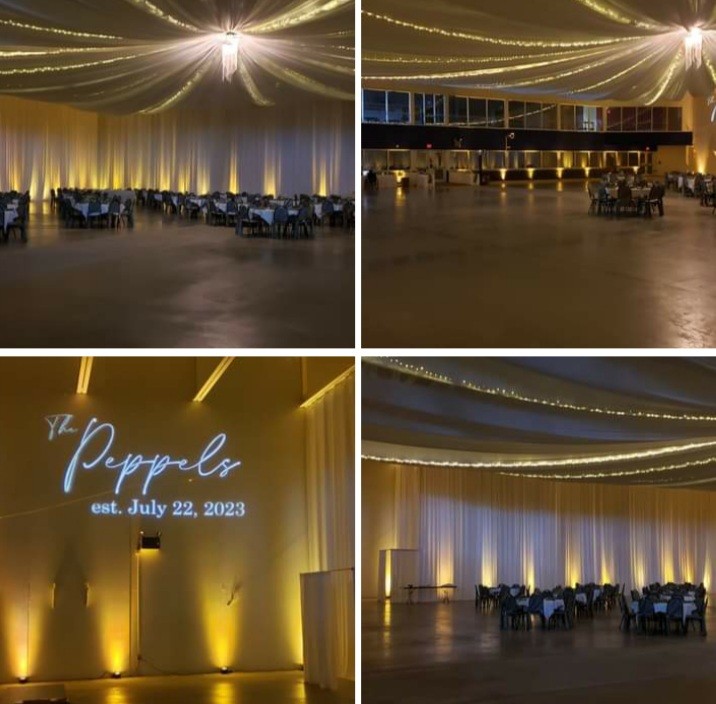 Wedding lighting at the Eveleth Curling Club by Duluth Event Lighting. Up lighting in soft gold with a monogram.