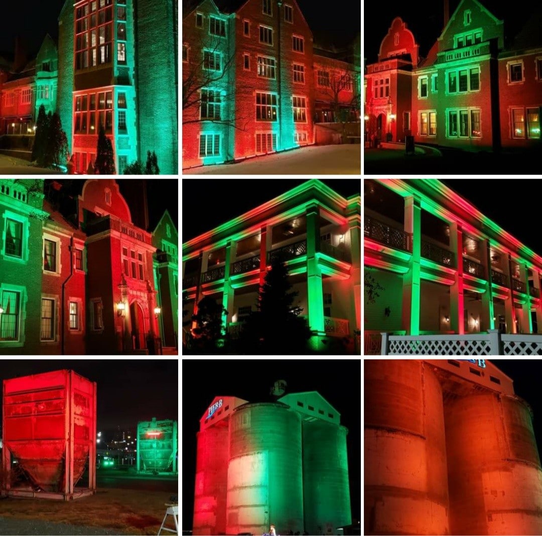 Red and Green lighting on several buildings around Duluth, MN. Lighting by Duluth Event Lighting
