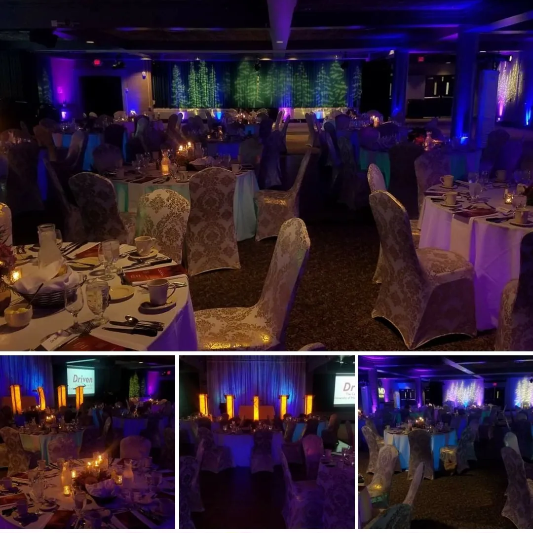A North Woods themed party at UMD's Kirby Ballroom with lighting by Duluth Event Lighting.