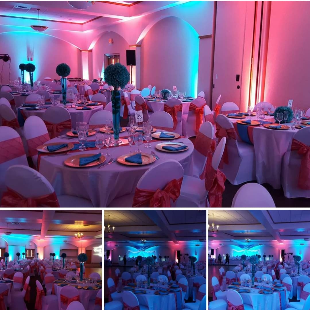 Wedding lighting in teal and coral.