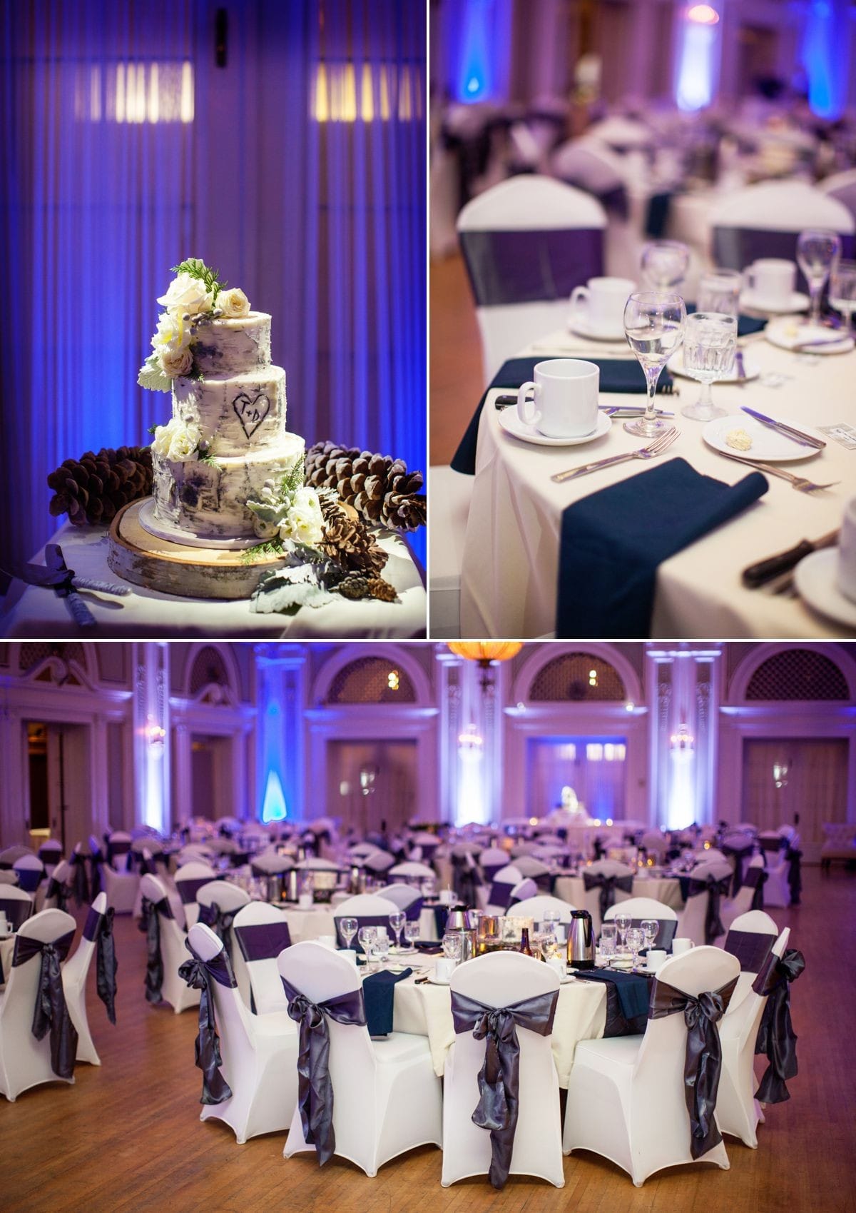 Wedding lighting at Greysolon Ballroom. Up lighting in blue and Ice Blue. Pin spot on cake. Photo by Al & Lyndsey On3 Photography.